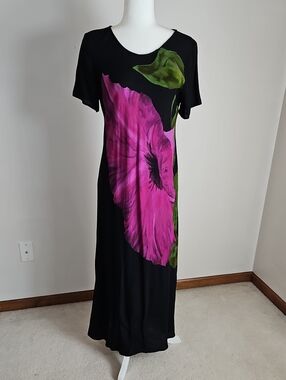 Carole Little Vintage SZ 14 Black Maxi Dress Pink Floral Artsy Indie